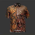 Colorful Short Sleeve Shirt With Orange Brown Geometric Floral Patterns On Dark Background