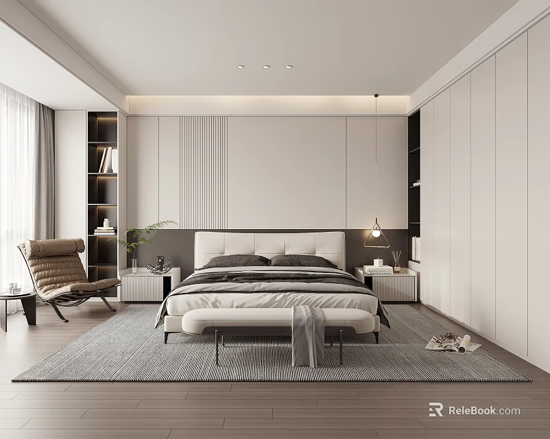 Modern Minimalist Bedroom Interior Design With Platform Bed Nightstands And Built In Wardrobe 3d model 