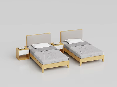 Modern Single Beds With Light Colored Headboards Wooden Frame Gray Mattress And Nightstands 3d model
