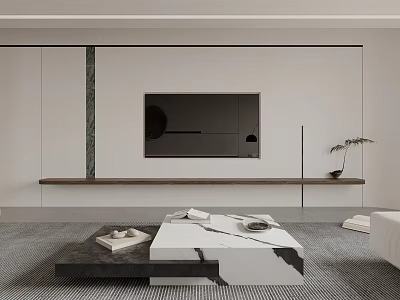 Modern Minimalist Interior TV Background Wall Design With Built-in TV And Wooden Shelf 3d model
