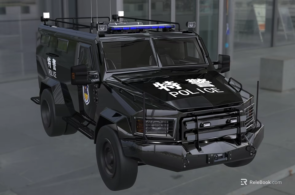 Black Special Police Car with Blue Police Lights and Protective Front Grille on Urban Street 3d model 