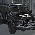 Black Special Police Car with Blue Police Lights and Protective Front Grille on Urban Street