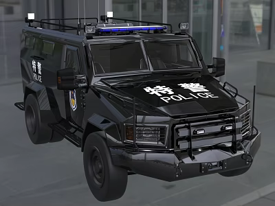 Black Special Police Car with Blue Police Lights and Protective Front Grille on Urban Street 3d model