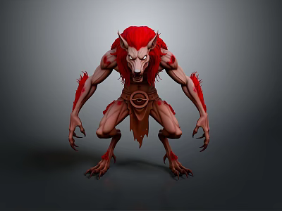 Red Haired Wolf Like Mythical Creature Character With Muscular Humanoid Body In Crouching Pose 3d model