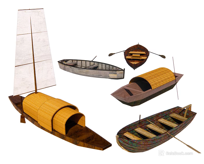Traditional Wooden Boats With Sail Oars And Various Designs On White Background 3d model 