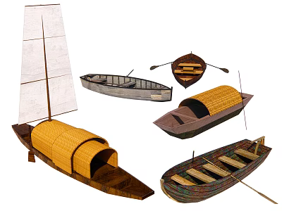 Traditional Wooden Boats With Sail Oars And Various Designs On White Background 3d model