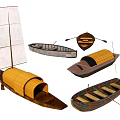 Traditional Wooden Boats With Sail Oars And Various Designs On White Background