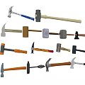 Hardware Tools Collection Featuring Different Types of Hammers With Wooden Handles and Metal Heads