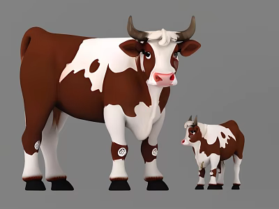Brown And White Mother Cow With Baby Calf Standing Together In Studio 3d model