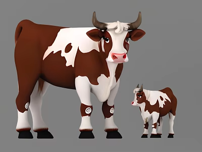 Brown And White Mother Cow With Baby Calf Standing Together In Studio 3d model