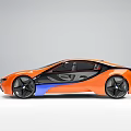 Sleek Orange And Blue Sports Car With Black Wheels And Aerodynamic Design