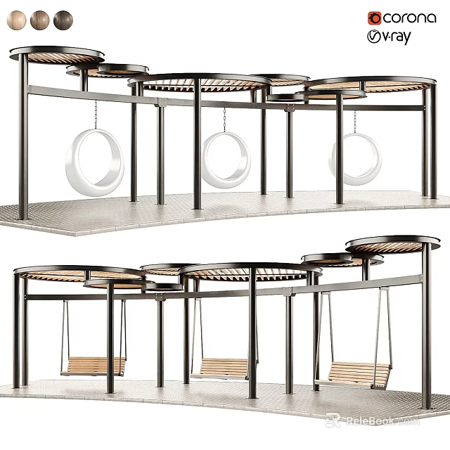 Outdoor Swing Structure With Metal Frame Canopy And Hanging Seats Design 3d model 