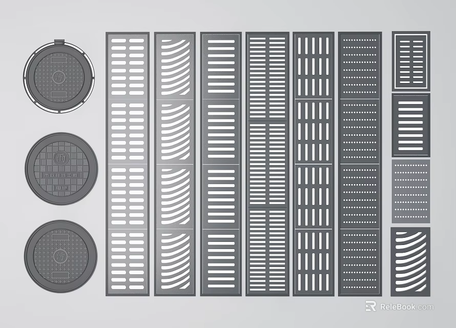 Various Manhole Covers And Grilles With Different Patterns For Drainage Use 3d model 
