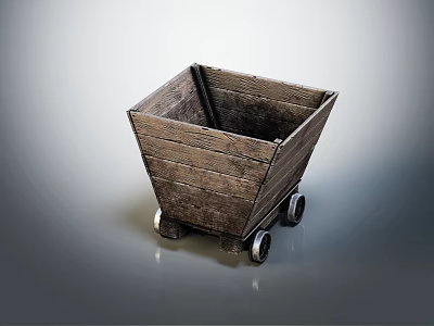 Rustic Wooden Square Cart With Four Metal Wheels And Distressed Surface Design 3d model