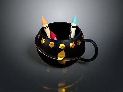 Black Mug With Gold Flower Decorations And Colorful Crayons Inside 3d model