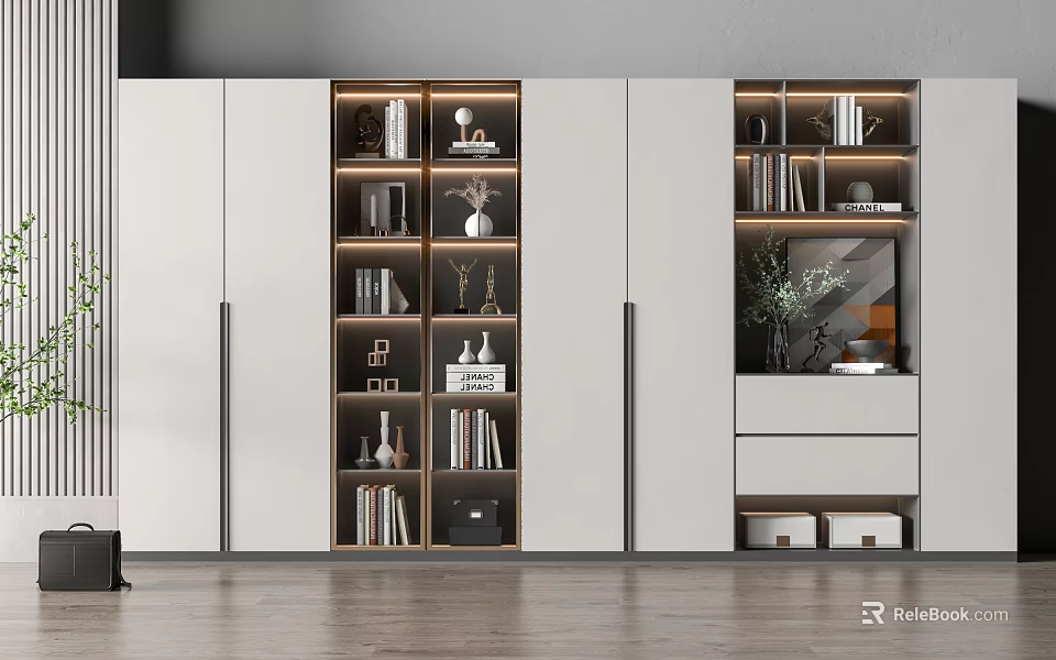 Elegant Modern Bookcase Interior With Open Shelves Books And Decorative Pieces 3d model 