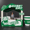 Green Coffee Stand With YES Sign Coffee Cup And Person Serving Drinks