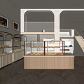 Dessert Shop Modern Interior With Pastry Display Cases Wooden Counter And Staircase