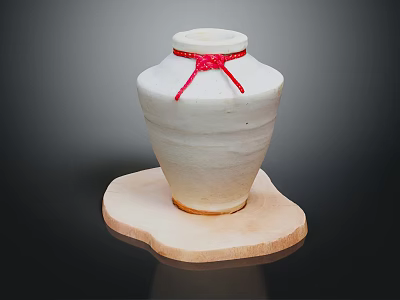 White Ceramic Jar With Red Ribbon On Irregular Wooden Base Against Dark Background 3d model