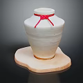 White Ceramic Jar With Red Ribbon On Irregular Wooden Base Against Dark Background