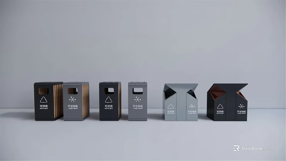 Public Trash Bins With Different Colors And Recycling Symbols For Facilities 3d model 