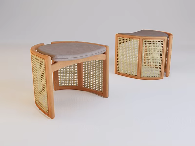 Modern Wooden Stools With Rattan Sides And Gray Padded Seats Design 3d model