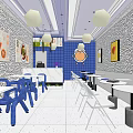 Modern Restaurant Interior With Blue Tables Chairs Stone Walls And Food Posters