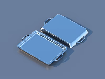 Silver Stainless Steel Rectangular Trays With Handles On Blue Background 3d model