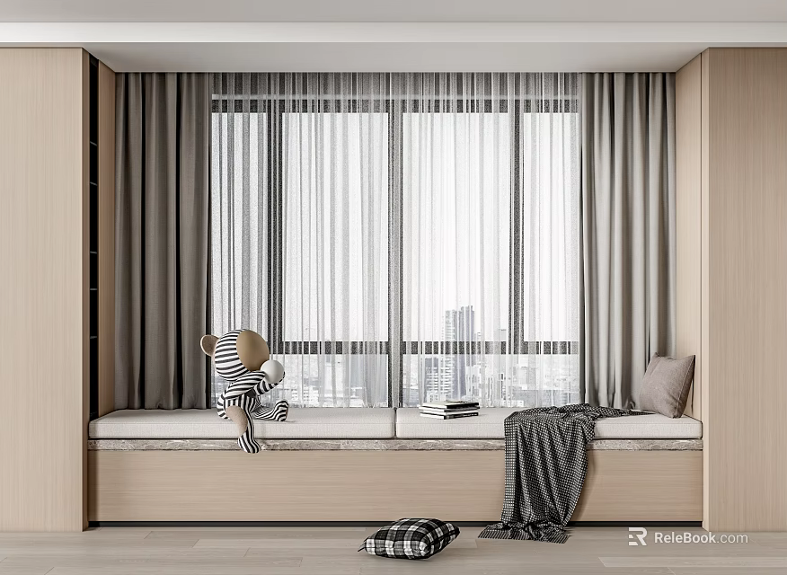 Cozy Window Seat With Sheer Curtains Soft Pillows And Cozy Blanket For Relaxation 3d model 