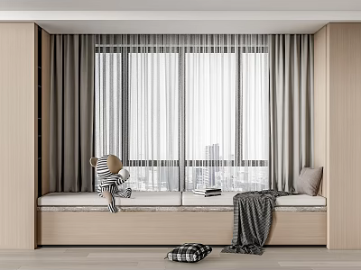Cozy Window Seat With Sheer Curtains Soft Pillows And Cozy Blanket For Relaxation 3d model