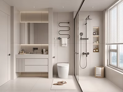 Modern White Bathroom Interior With Vanity Toilet Shower Mirror And Cabinets 3d model