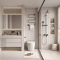 Modern White Bathroom Interior With Vanity Toilet Shower Mirror And Cabinets