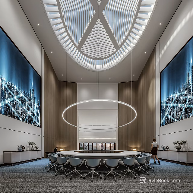 Modern Conference Room Featuring Round Table Large Screens Pendant Light Wooden Walls City Night Art 3d model 