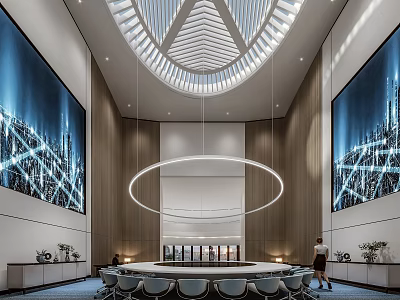 Modern Conference Room Featuring Round Table Large Screens Pendant Light Wooden Walls City Night Art 3d model
