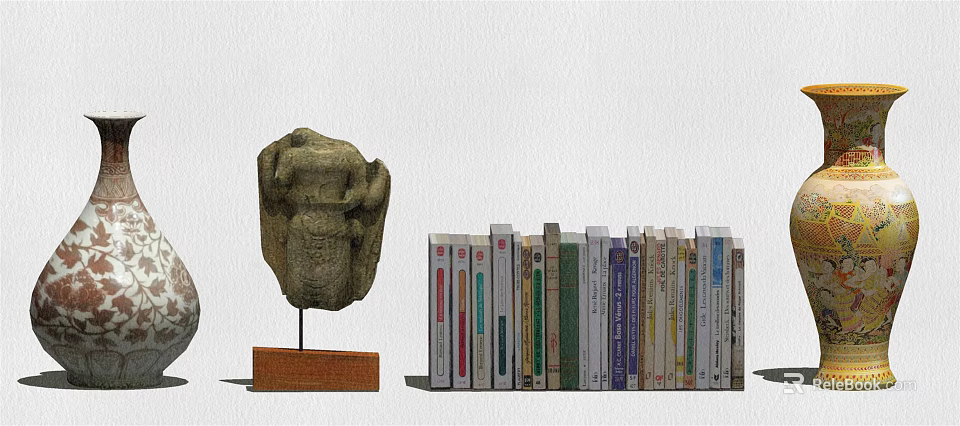 Decorative Ornament Set With Stone Statue On Wooden Base And Stacked Books 3d model 