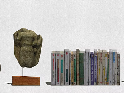 Decorative Ornament Set With Stone Statue On Wooden Base And Stacked Books 3d model