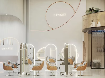 MYHAIR Hair Salon Modern Interior with Orange Chairs Mirrored Stations Circular Decor and Elegant Lighting 3d model