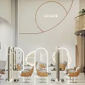 MYHAIR Hair Salon Modern Interior with Orange Chairs Mirrored Stations Circular Decor and Elegant Lighting