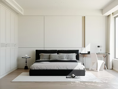 Modern Minimalist Bedroom Interior With Black Headboard Bed Gray Pillows And White Wardrobes 3d model