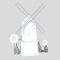 Agricultural Equipment Windmill With Pink Blades Blue Tower And Colorful Pinwheels Purple Trees