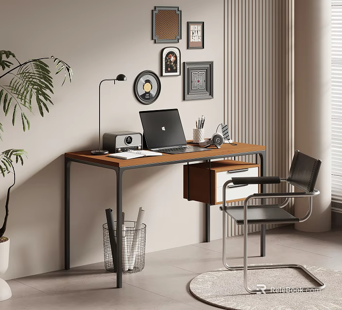 Modern Home Office Interior Desk Setup With Laptop Lamp Green Plant And Comfortable Chair 3d model 