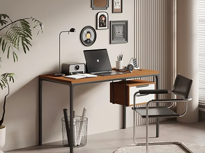 Modern Home Office Interior Desk Setup With Laptop Lamp Green Plant And Comfortable Chair 3d model