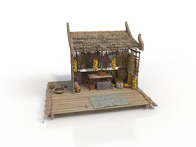 Traditional Thatched Roof Hut On Wooden Platform With Earthen Jars And Hanging Decorations 3d model