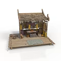 Traditional Thatched Roof Hut On Wooden Platform With Earthen Jars And Hanging Decorations