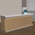 Modern Wooden Checkout Counter With Vertical Stripes Marble Top Cash Register Near Window