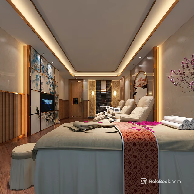 Elegant SPA Sauna Interior Featuring Massage Bed White Towels Petals Comfortable Chairs And Warm Lighting 3d model 