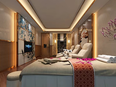 Elegant SPA Sauna Interior Featuring Massage Bed White Towels Petals Comfortable Chairs And Warm Lighting 3d model