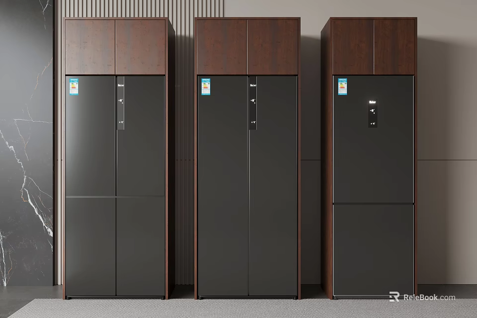 Three Modern Black And Brown Upright Refrigerators With Wooden Panel Design 3d model 