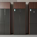 Three Modern Black And Brown Upright Refrigerators With Wooden Panel Design
