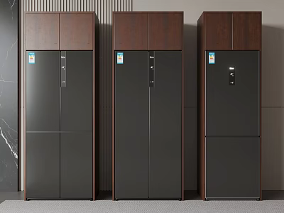 Three Modern Black And Brown Upright Refrigerators With Wooden Panel Design 3d model